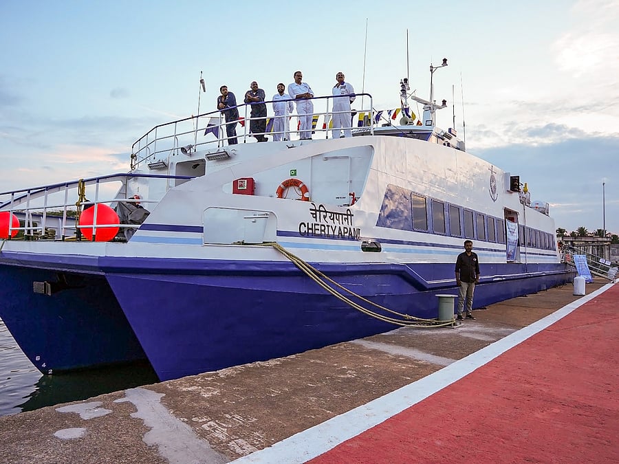 <div class="paragraphs"><p>Cheriyapani, a ferry which will run between Nagapattinam (India) and Kankesanthurai (Sri Lanka), during its flagging off ceremony, Saturday, Oct. 14, 2023.</p></div>